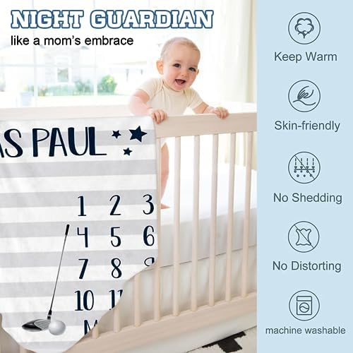 Personalized Baby Monthly Milestone Blanket Boy or Girl - Sport Theme Months Blanket with Wood Frame and Newborn Wooden Sign - Growth Chart Milestone Blanket 1-12 Month Milestones(FixedSize) - Image 6
