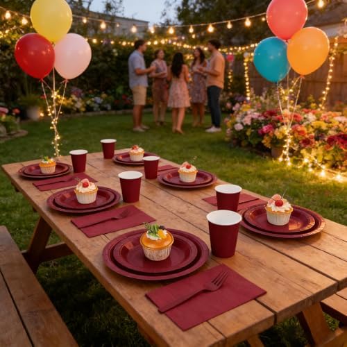 250Pcs Burgundy Paper Plates and Napkins Supplies, Include 9’’Paper Party Plate, 7’’Dessert Plates Cups Napkins Forks Sets for Birthday, Anniversaries, Wedding, Picnics, Serves 50 - Image 5