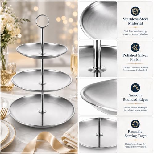YOUNTHYE 2 Pack Silver Cupcake Stand, 3 Tier Stainless Steel Tiered Serving Tray, Dessert Display Stand for Cupcakes, Cookies, Fruit, Wedding, Birthday, Tea Party and Holiday Table - Image 6