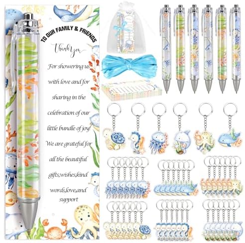 AnyDesign 145 pcs Under the Sea Baby Shower Party Favors Summer Ocean Animal Ballpoint Ink Pens Keychains Thank You Cards Organza Bags with Ribbon for Gender Reveal Baby Shower Guest Souvenir, 36 Sets by AnyDesign