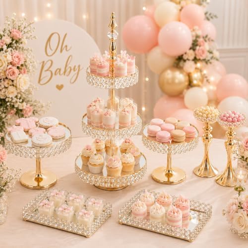 7 Pcs Crystal Cake Display Stand with Mirror, Round Dessert Display Stand - Image 3