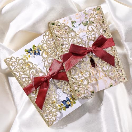 50Pcs Gold Glitter Wedding Invitations With Envelopes and RSVP Cards and Burgundy Ribbon Laser Cut Invitation Kits For Wedding Bridal Shower Quinceanera Invite - Image 7