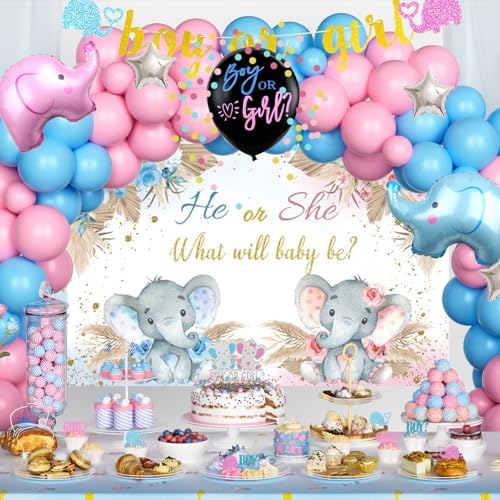 Elephant Gender Reveal Decorations, Baby Boy or Girl Gender Reveal Party Decorations, He or She What Will Baby Be Backdrop Balloon Banner Tablecloth Cake Cupcake Topper Box Sash Pink Blue - Image 5