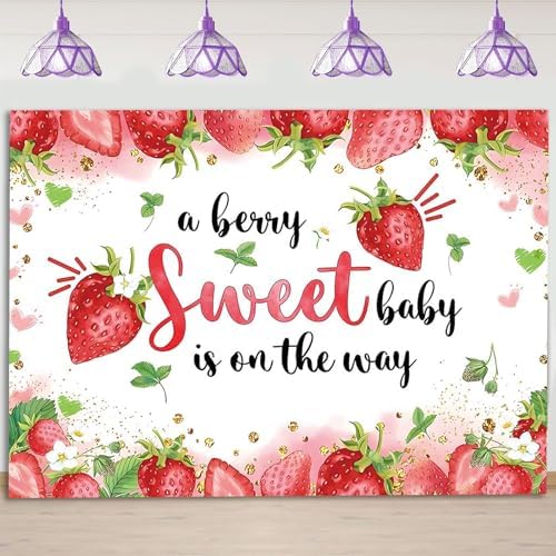 Strawberry Baby Shower Photo Banner Girl Baby Shower Newborn Party Decorations Photography Backdrop A Berry Sweet Baby is On The Way Background Cake Table Supplies (Strawberry 8x8 FT) - Image 5