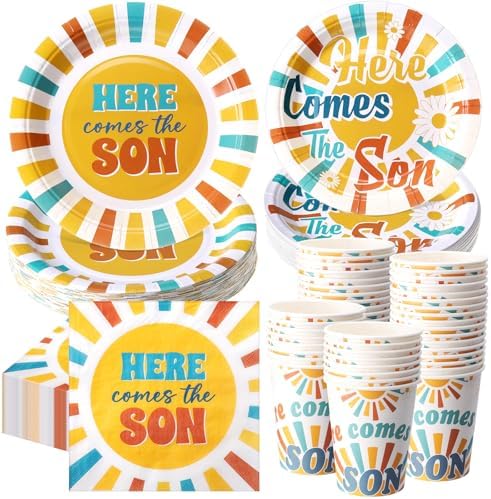 Ziliny 250 Pcs Here Comes The Son Baby Shower Party Decorations Boho Sun Rainbow Disposable Paper Plates Napkins and Cups Tableware Set for Sunshine Boy Baby Shower Party Supplies, Serves 50 by Ziliny
