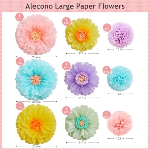 Alecono 9 Pcs Giant Paper Flowers, Extra Large Handcrafted Tissue Paper Flowers Decorations for Wall, Crepe Floral for Mexican Fiesta, Wedding Backdrop, Bridal Shower Birthday Party Decor(24"20"14") - Image 5