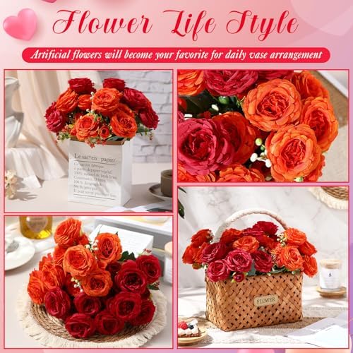 Geosar 8 Bundles Artificial Peonies Flowers,Orange, Deep Red - Image 5