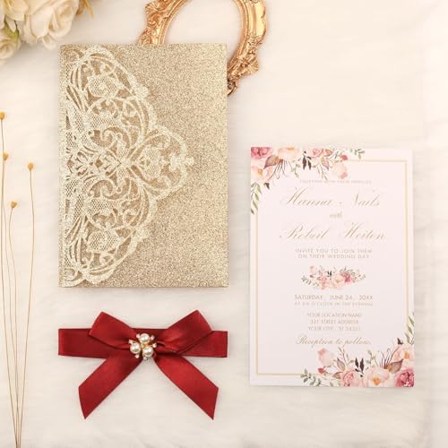 25Pcs Gold Glitter Wedding Invitations with Burgundy Ribbons Pearl, Blank - Image 4