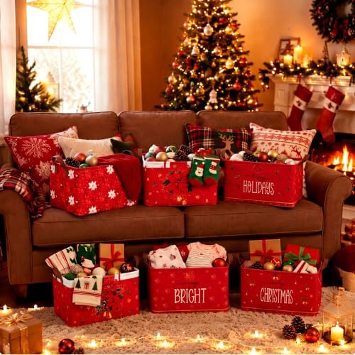 CHENGU 6 Pack Christmas Basket Collapsible Poinsettia Christmas Storage Bin - Image 4