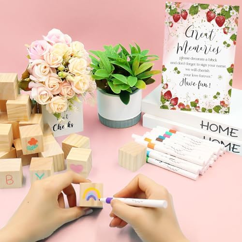 97 Pcs Strawberry Baby Shower Games Sign Kit, Strawberry Theme Party Decoration, Include Game Sign 72 DIY Blank Wooden Block 24 Pen to Draw Your Idea for Baby Shower Game Gender Reveal Party - Image 5