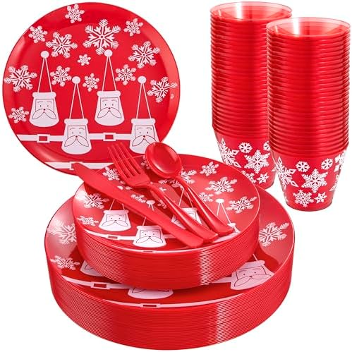 KIRE 150PCS Christmas Plastic Plates Dinnerware - Santa Claus Christmas Plates with Red Silverware include 25Dinner Plates 25Salad Plates 25Forks 25Knives 25Spoons 25Cups by KIRE