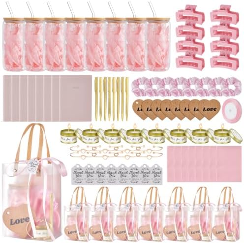90Pcs Baby Shower Prizes for Game Winners Gifts Wedding Bridal Shower Gifts Including Glass Cans Notebooks Soy Candles Hair Clips for Baby Shower Wedding Bridal Shower Game Prizes (Pink, 8 Sets) by Rigibright