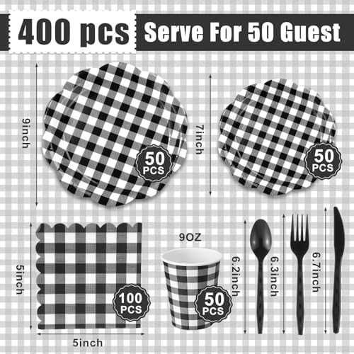 Funnymoom 400 Pcs Gingham Party Supplies for 50 Guests Black and White Paper Plates and Napkins Knives Spoon Fork Cup Disposable Checkered Dinner Party Set Cutlery for Baby Shower Wedding Favor - Image 3