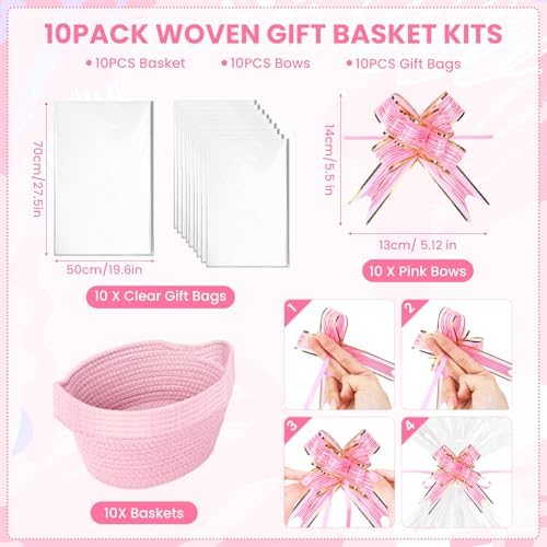 AFOROEOA 10PACK Pink Baskets for Gifts Empty, 12"x 8"x 5" Woven Gift Baskets with Gift Bags and Bows Empty Gift Baskets for Christmas Shelf Small Storage Baskets with Handles - Image 2