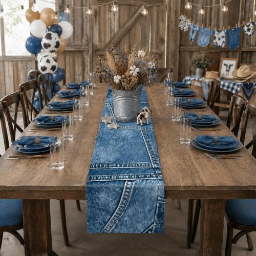7Pcs 72 x 13'' Blue Jean Table Runners Blue Jean Baby Shower Decorations Denim Table Runner Tablecloth for Baby Shower Denim and Diamonds Engagement Wedding Birthday Dining Kitchen Decor (1 Design) - Image 4