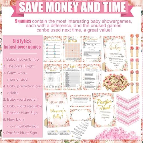Sherr 476 Pcs Pink Floral Baby Shower Game, 9 Style Baby Shower Activities - Image 4