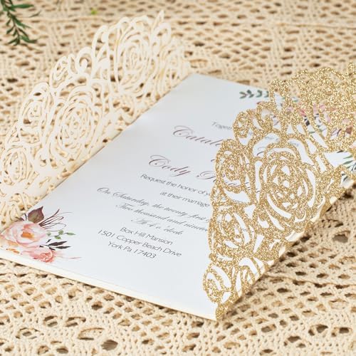 50Pcs Laser Cut Invitations with Envelopes and RSVP Cards Gold Glitter - Image 6
