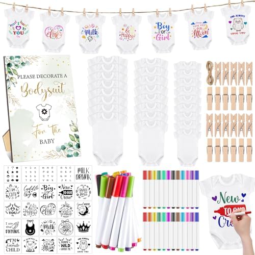 Panitay 126 Pcs Baby Shower DIY Bodysuit Set Bib 25 Blank White Newborn Bodysuit 25 Stencils 24 Marker 1 Sign 50 Pins(Greenery) by Panitay