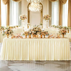 Wish Care 17ft Champagne Satin Long Table Skirt for Rectangle Tables Wrinkle Free Teacher Desk Skirt Glitter Ruffle Table Skirting Cloth for Back to School Classroom Office Birthday Party Table Decor - Image 3