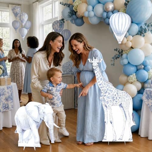 3Pcs Blue Toile de Jouy Safari Baby Shower Decorations, Large Elephant Giraffe Hot Air Balloon Cardboard Cutouts, Corrugated Plastic Jungle Animal Standees for Boy Gender Reveal Nursery Decor - Image 5