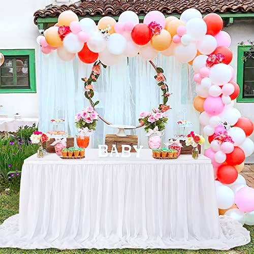 White Table Skirt for Rectangle Tables 14FT Chiffon Sheer Tablecloth for Birthday Party Sweetheart Cake Table Decoration - Image 2