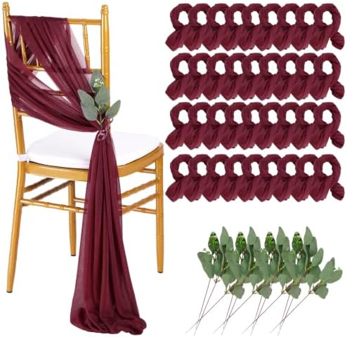 QueenDream Burgundy Chair Sashes Wedding: 36 Pieces Long Sheer Wedding Aisle Chair Decorations Tulle Chairs Covers with Artificial Eucalyptus by QueenDream