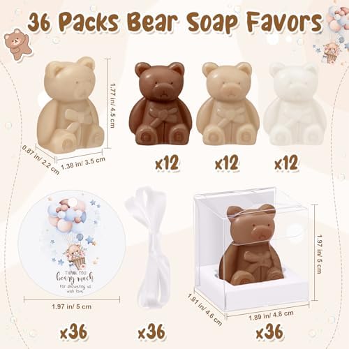 Geosar 36 Pack Bear Soap Shower Favors Thank You Tag Box,White Brown - Image 2