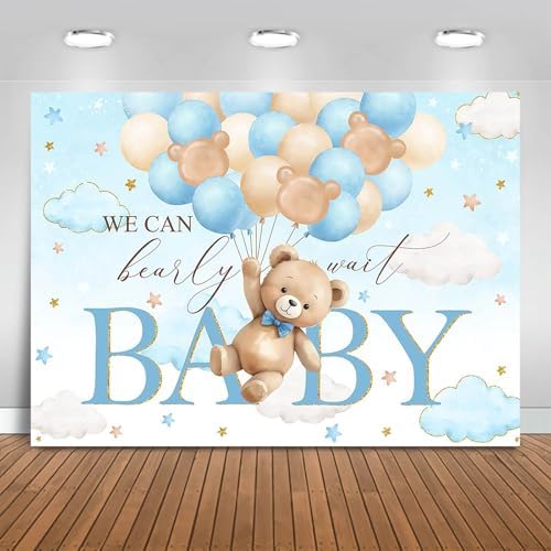 Bear Baby Shower Backdrop We Can Bearly Wait Party Decorations Background for Boy Bear Theme Baby Shower Banner Photo Booth Prop (Blue, 8x6ft) by Fitumiw