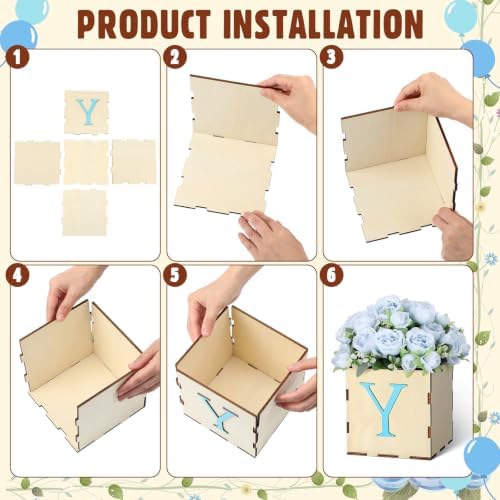 4 Set Baby Shower Centerpieces for Tables, 6 Inch Wooden Baby Letter Blocks with 12 Blue Artificial Peony Flowers, Cube Planter Boxes Gender Reveal Party Table Decor Home Decoration - Image 5