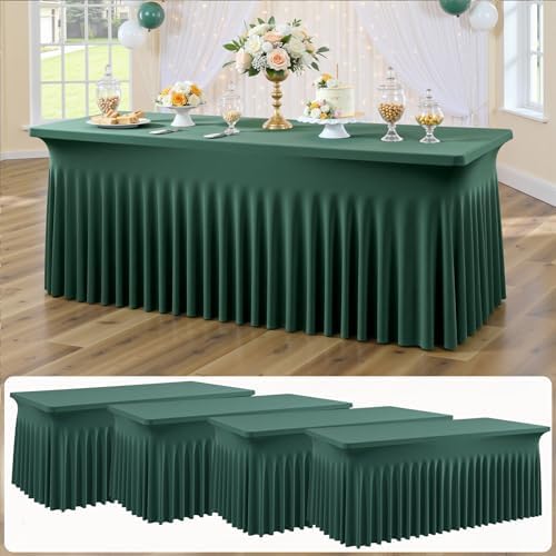 4 pk Hunter Green Spandex Tablecloth for 6 Foot Rectangle Tables, Wrinkle Free Fitted Spandex Table Covers 6ft Green Stretch Table Cloths with Ruffle Skirt for Parties Weddings Banquet Baby Shower by ENJOYYOURPARTY