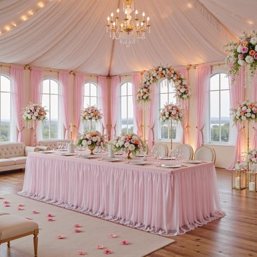 familus Pink Table Cloths 8 Foot Rectangle 2 Pack Stretch Ruffle Tulle Tablecloth Spandex Fitted Table Cover for 8 Foot Tulle Table Skirts for Party Wedding Table Cloths, Banquets - Image 6