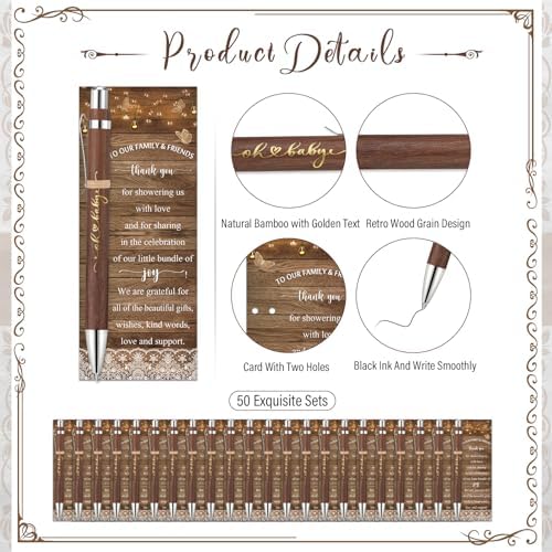 Spakon 50 Sets Rustic Baby Shower Pens for Guests with Baby Shower Bookmarks Favors Walnut Bamboo Ballpoint Pens Return Gifts Game Prizes Souvenirs Thank You Gifts Gender Reveal Party - Image 3