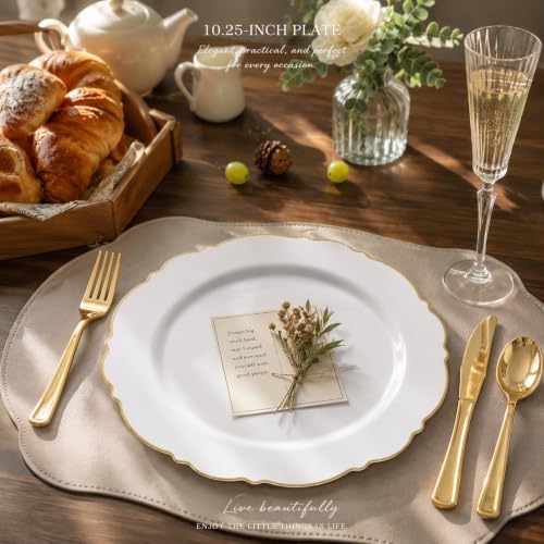 WDF 60pcs Gold Plastic Dinner Plates -10.25inch Baroque White and Gold Plates Fancy Plastic Plates for Upscale Party/Wedding/Birthday/Fall Party - Image 2