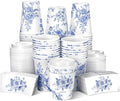 Vesici 60pcs 14oz Blue and White Disposable Coffee Cups with Lids and Sleeves Chinoiserie Toilet Floral Coffee Cup Botanical Herb Paper Cup for Summer Birthday Wedding Bridal Shower Tea Party Supplies by Vesici