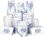Vesici 60pcs 14oz Blue and White Disposable Coffee Cups with Lids and Sleeves Chinoiserie Toilet Floral Coffee Cup Botanical Herb Paper Cup for Summer Birthday Wedding Bridal Shower Tea Party Supplies by Vesici