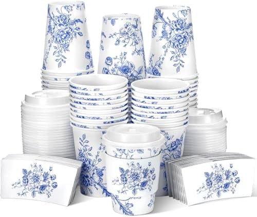 Vesici 60pcs 14oz Blue and White Disposable Coffee Cups with Lids and Sleeves Chinoiserie Toilet Floral Coffee Cup Botanical Herb Paper Cup for Summer Birthday Wedding Bridal Shower Tea Party Supplies by Vesici