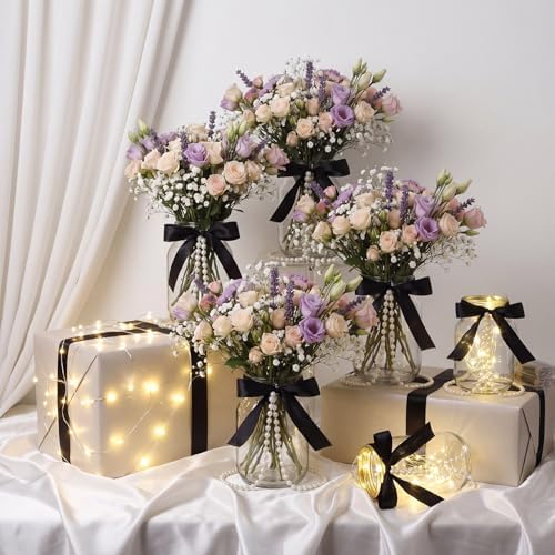 6 Sets Mason Jars Centerpieces with Light for Table, Black Bow - Image 5