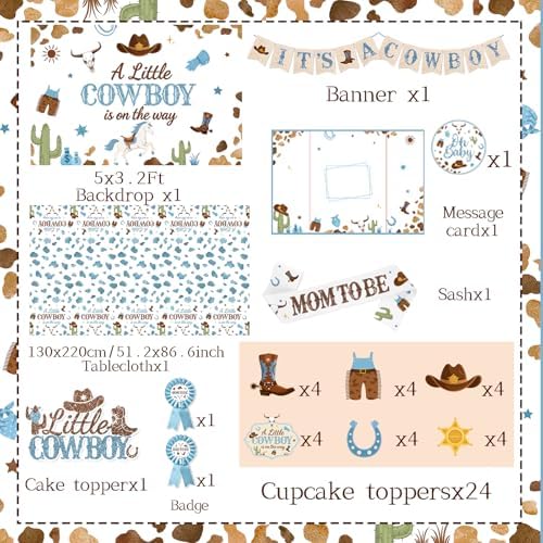 Cowboy Baby Shower Decorations for Boy, All-in-1 Retro Western Baby Shower Decorations with Balloon Arch Baby Boxes Plates Napkins Cake Toppers Tablecloth Backdrop Banner for Cowboy Rodeo Baby Shower - Image 5