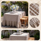 Moukeren 120"x60" Ruffled Tablecloth Table Cover, Khaki White, Gingham - Image 4