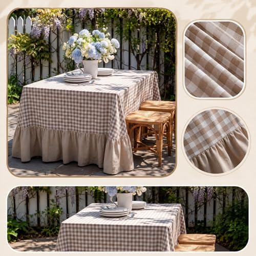 Moukeren 120"x60" Ruffled Tablecloth Table Cover, Khaki White, Gingham - Image 4