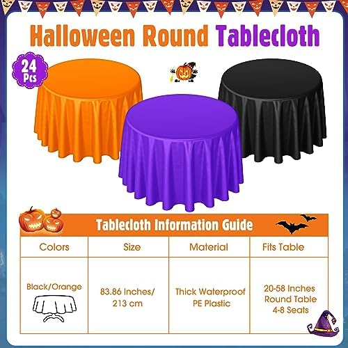 Buryeah 24 Pcs Black, Purple, Orange Round Plastic Tablecloths 84 Inch - Image 2