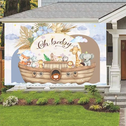 15X10ft Noah's Ark Baby Shower Photo Backdrop Photography Background, Oh Baby Boho Cartoon Animal Woodland Ocean Newborn Kid Party Backdrops Photo Booth Prop Decorations Wall Decor Tablecloth - Image 3