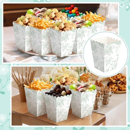 Gueevin 100 Pcs Green Floral Popcorn Boxes with Scalloped for Party 5.5 x 10.5 x 7.5 cm Mini Paper Popcorn Containers Bulk for Wedding Movie Night Decorations Bridal Baby Shower Party Supplies - Image 4