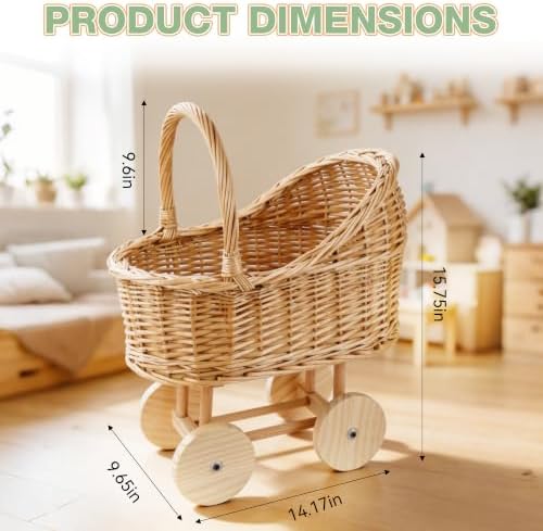 15.7 In Woven Rattan Stroller Shaped Flower Basket，Wicker Stroller Basket - Image 2
