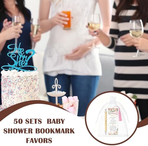 Whaline 50 Sets Baby Shower Favors Pink Floral Flower Engraved Retractable Ballpoint Pens with Thank You Bookmarks and Organza Bags for Gender Reveal Party Gifts Guest Prizes - Image 6