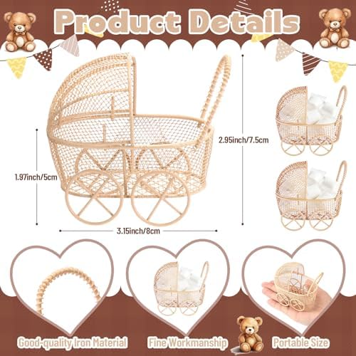 Threehoney 12 Pcs Baby Shower Mini Carriage Decoration Brown Bear Color Metal Wired Fillable Candy Stroller Baby Shower Table Centerpiece for Guest Gender Reveal Wedding Party Favor Gift - Image 3