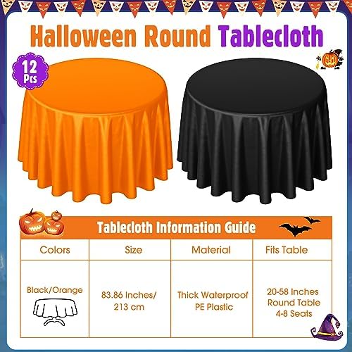 Buryeah 12 Pcs Black and Orange Round Plastic Tablecloths 84 Inch - Image 2