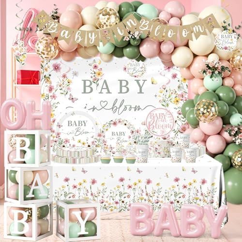 Baby in Bloom Baby Shower Decorations - 321cs Wildflower Theme Baby Shower Plates and Napkins,Floral Baby in Bloom Banner,Backdrop,Balloon,Cups,Box with Letters,Caketopper for Wildflower Baby Shower - Image 4