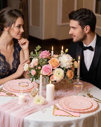 351 PcsPink Scalloped Plastic Plates Dinnerware Set for 50 Guests - Image 5