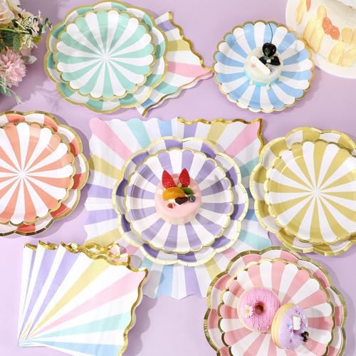 144 Pcs 48 Guests Pastel Striped Party Plates and Napkin Scalloped - Image 3